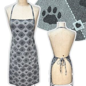 Dog paw‎ print kitchen art studio apron full length tie back pocket pets hearts